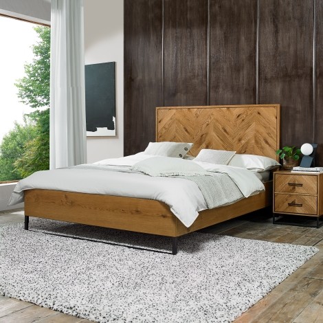 Riva - Rustic Oak - 135cm 4'6" Double Panel Bedstead  - Peppercorn Powder Coated Metal Frame