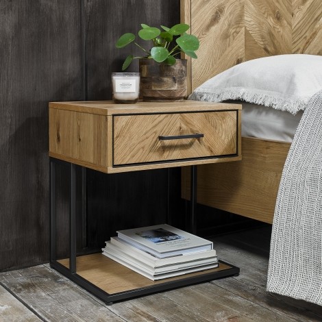 Riva - Rustic Oak - 1 Drawer Nightstand / Bedside Cabinet / Lamp Table - Peppercorn Powder Coated Metal Frame