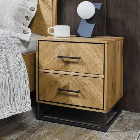 Riva - Rustic Oak - 2 Drawer Nightstand / Bedside Cabinet / Lamp Table - Peppercorn Powder Coated Metal Frame