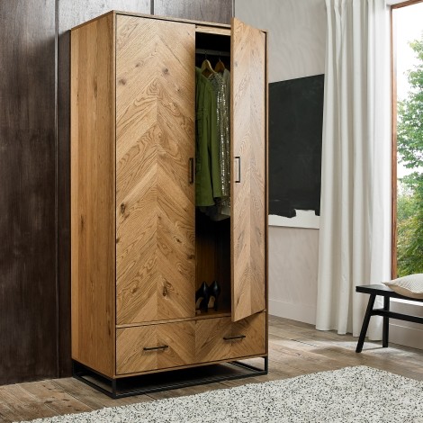 Riva - Rustic Oak - Double Wardrobe - 2 Door 1 Drawer - Peppercorn Powder Coated Metal Frame