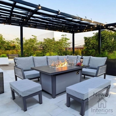 Bettina Outdoor Corner Sofa Set with Gas Fire Pit Table Grey Powder Coat
