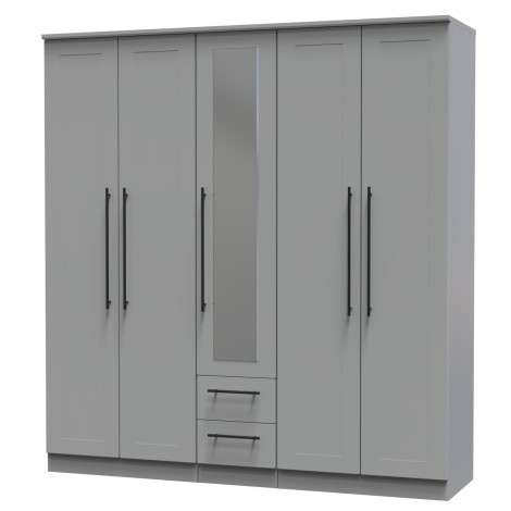 Beverley - Dusk Grey Tall 5 Door 2 Drawers Centre Mirror Wardrobe