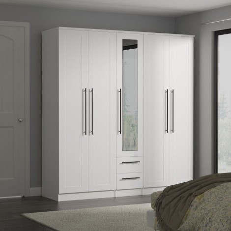 Beverley - White Ash Tall 5 Door 2 Drawers Centre Mirror Wardrobe