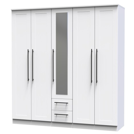 Beverley - White Matt Tall 5 Door 2 Drawers Centre Mirror Wardrobe
