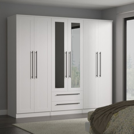 Beverley - White Ash Tall 6 Door 2 Drawers Centre Mirror Wardrobe