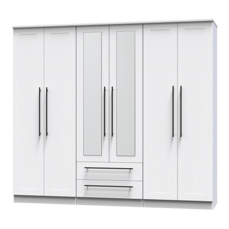 Beverley - White Matt Tall 6 Door 2 Drawers Centre Mirror Wardrobe
