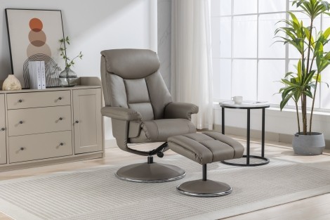 GFA - Biarritz - Grey - Plush Faux Leather - Swivel Recliner Chair and Stool