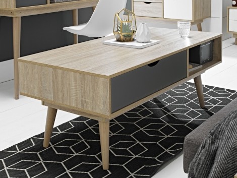 Scandi Oak Coffee Table White Drawer Grey Shelf