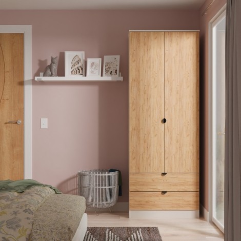 Bora - Tall 2ft6in 2 Drawers Double Wardrobe - Gold Crafted Oak Front and Kashmir Matt Base