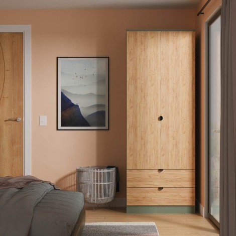 Bora - Tall 2ft6in 2 Drawers Double Wardrobe - Gold Crafted Oak Front and Reed Green Base