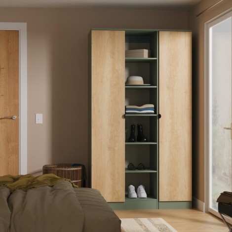 Bora - Triple 2 Door Wardrobe with Shelving - Gold Crafted Oak Front and Reed Green Base