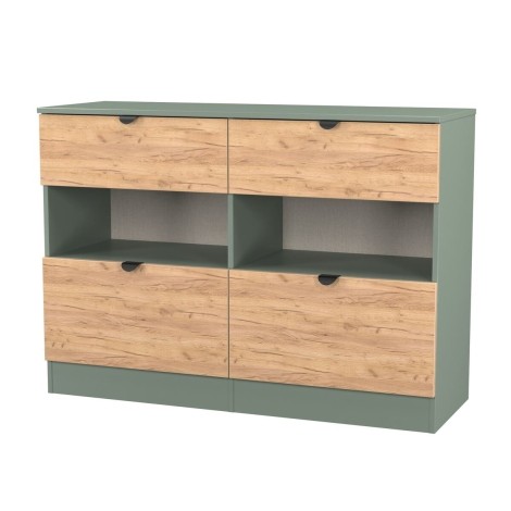 Bora - 4 Drawer Midi Chest With Shelf - Gold Crafted Oak Front and Reed Green Base