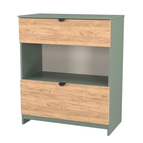 Bora - 2 Drawer Deep Chest With Shelf - Gold Crafted Oak Front and Reed Green Base