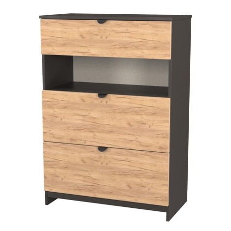 Bora - 3 Drawer Deep Chest With Shelf - Gold Crafted Oak Front and Graphite Base