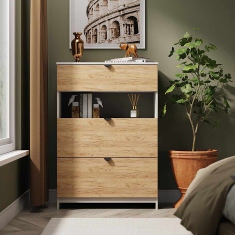 Bora - 3 Drawer Deep Chest With Shelf - Gold Crafted Oak Front and Kashmir Matt Base