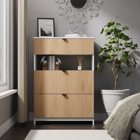 Bora - 3 Drawer Deep Chest With Shelf - Slatted Front and White Matt Base