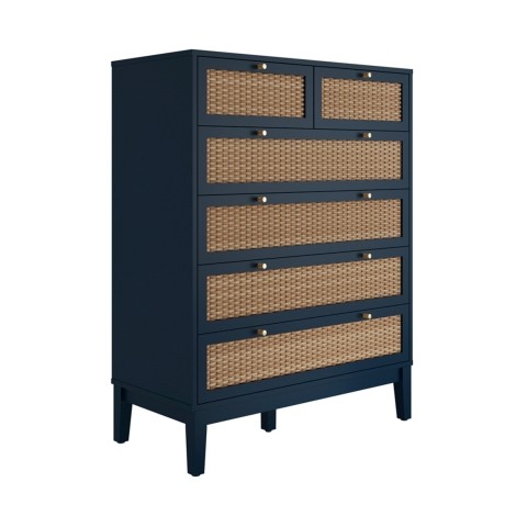 Bordeaux Blue Wood & Rattan Chest Of Drawers