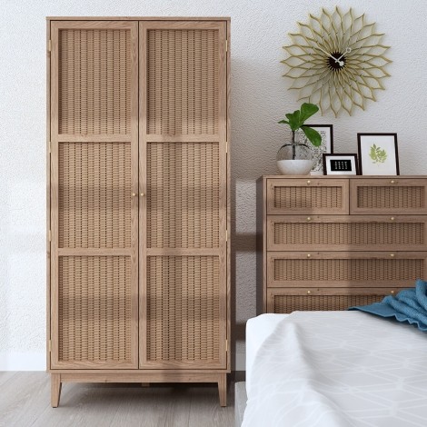 Bordeaux - Rattan and Wood - Double Wardrobe - 2 Door - Natural Finish