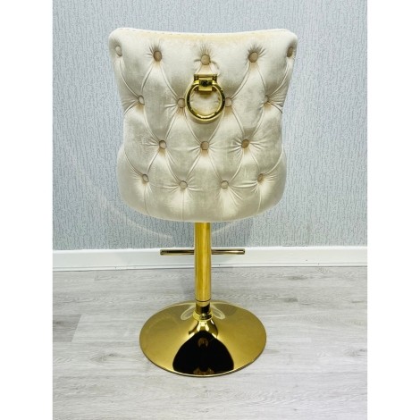 Victoria - Round Gold Door Knocker - Buttoned Back - Cream / Beige Velvet - Bar Stool