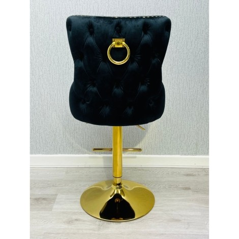 Victoria - Round Gold Door Knocker - Buttoned Back - Black Velvet - Bar Stool