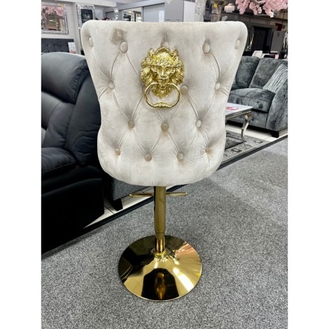 Victoria - Lion Gold Door Knocker - Buttoned Back - Cream / Beige Velvet - Bar Stool