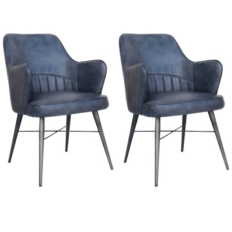 Pair Of - Burnham - Blue - Faux Leather - Iron Frame - Industrial - Dining Arm Chairs