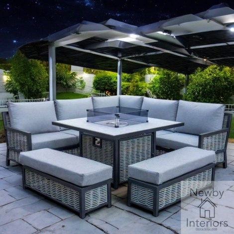 Ivy Outdoor Rattan & Aluminium Corner Fire Pit Dining Set In Grey