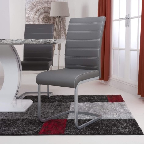 Pair Of - Callisto - Grey Leather Match + Chrome Frame - Dining Chairs