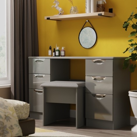 Camden - Kneehole Double Pedestal Dressing Table / Vanity Table / Desk - Grey Gloss Front and Dusk Grey Base