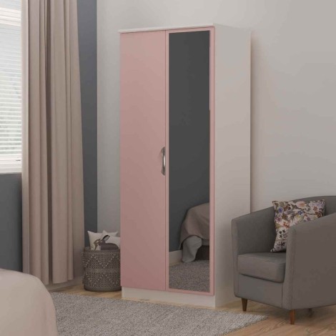 Camden - 2 Door Double Mirror Wardrobe - Kobe Pink Front and White Matt Base