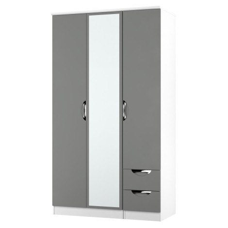 Camden - 3 Door 2 Small Drawer Tall Triple Mirror Wardrobe - Dust Grey Front and White Matt Base