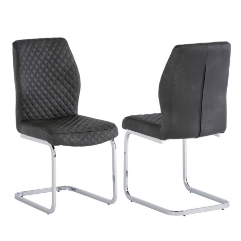 Pair Of - Capri Dining Chair - Grey PU  - Quilted Design - Polished Chrome Cantilever Base