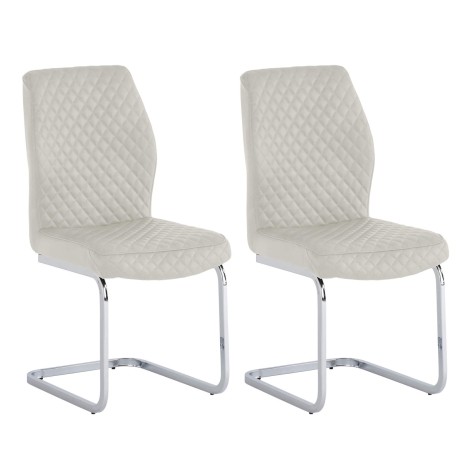 Pair Of - Capri Dining Chair - Stone PU  - Quilted Design - Polished Chrome Cantilever Base