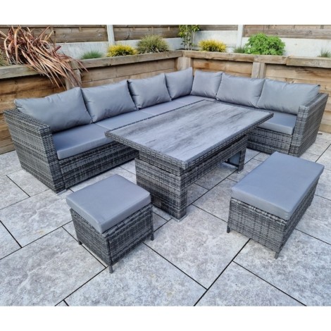 Catalina - Outdoor - Grey - Corner Sofa With Lift Up Dining Table and 2 Stools - High Pressure Laminate Top