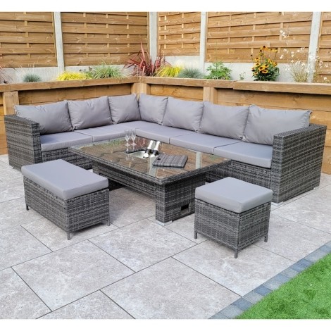 Catalina - Outdoor - Grey - Corner Sofa With Lift Up Ice Bucket Dining Table and 2 Stools -  UV Treated Wicker