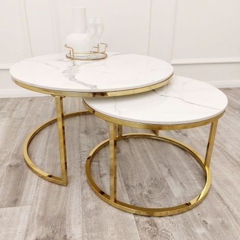 Cato - Polar White - Nest of 2 - Round- Coffee Tables - Sintered Stone Top - Gold Legs