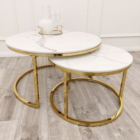 Cato Polar White Sintered Stone Nest of 2 Round Coffee Tables Gold Legs