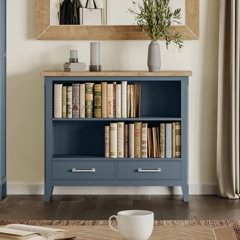 Signature Blue - Painted Low Bookcase - Oak Parquet Top - 2 Drawers