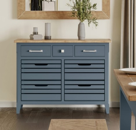 Signature Blue - Painted Sideboard / Servery - Oak Parquet Top - 7 Drawers