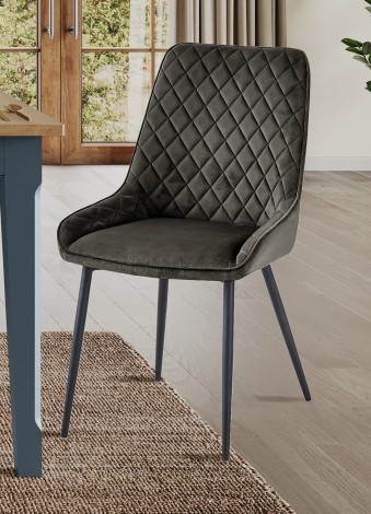 Pair Of - Signature Blue - Gun Metal Velvet Upholstered - Quilted Back - Dining Chair - Powdercoated Metal Legs