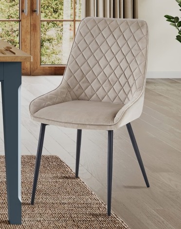 Pair Of - Signature Blue - Mink Velvet Upholstered - Quilted Back - Dining Chair - Powdercoated Metal Legs