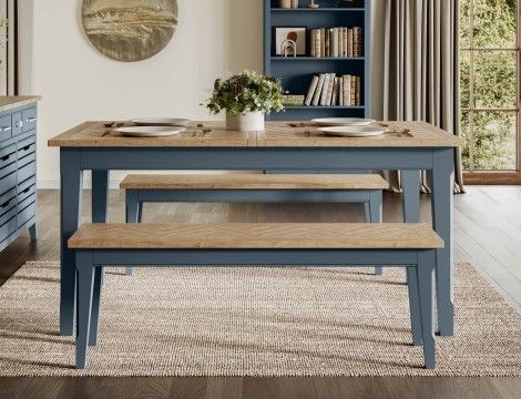 Signature Blue - Painted - Large Extending Dining Table with 2 Large Benches - Oak Parquet Top