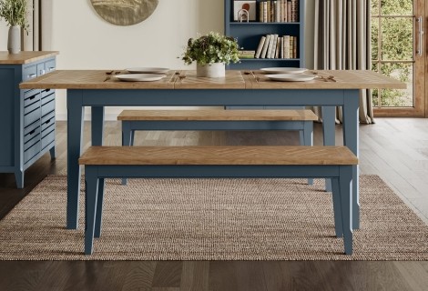 Signature Blue - Painted - Large Extending Dining Table with 2 Medium Benches - Oak Parquet Top