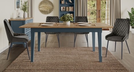 Signature Blue - Painted - Large Extending Dining Table with 4 Gun Metal Grey Velvet Fabric Chairs