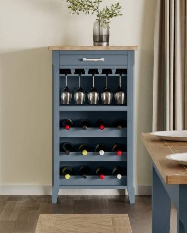 Signature Blue - Painted - Wine Rack / Glass Storage Cabinet - Oak Parquet Top - 12 Bottle