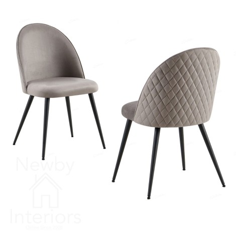 Zita - 2x Grey Velvet Quilted Back Dining Chairs with Black Metal Legs