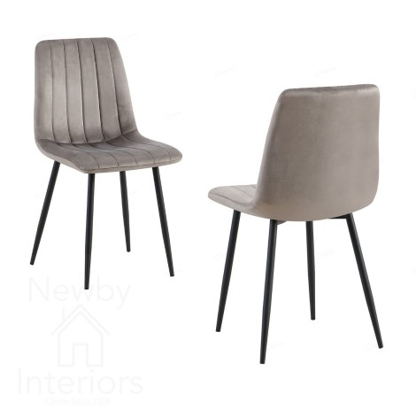 Teora - 2x Grey Velvet Dining Chairs with Black Metal Legs