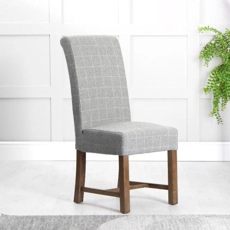 Pair Of -  Canterbury - Grey Check Wool - Fabric - Solid Oak - Roll Back Dining Chairs