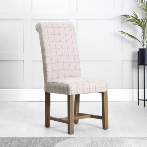 Pair Of -  Canterbury - Natural Check 100% Wool - Fabric - Solid Oak - Roll Back Dining Chairs