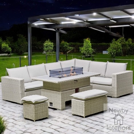 Chakra Outdoor Rattan Corner Rising Fire Pit Dining Set in Beige
